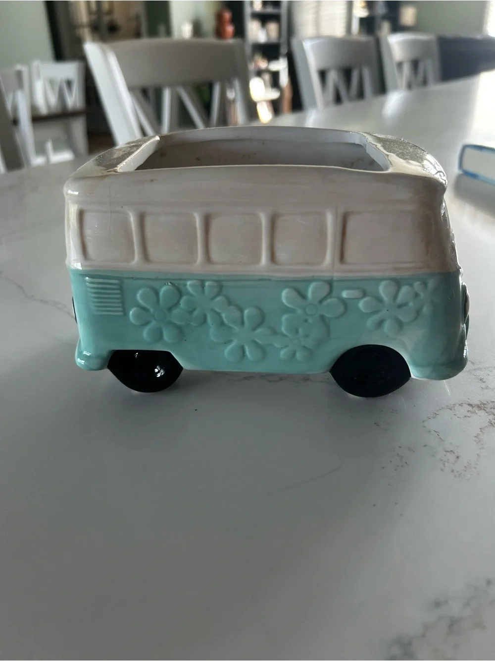 Ceramic Flower VW Bus Planter - Cream and Aqua